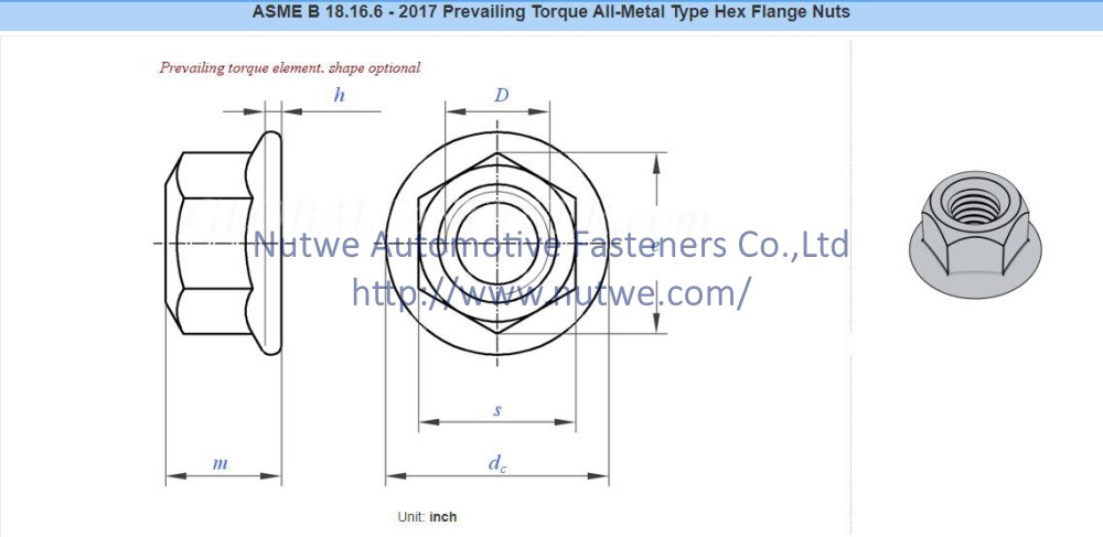 ASME B18.16.6 金属锁紧六角法兰螺母 图纸和技术参数