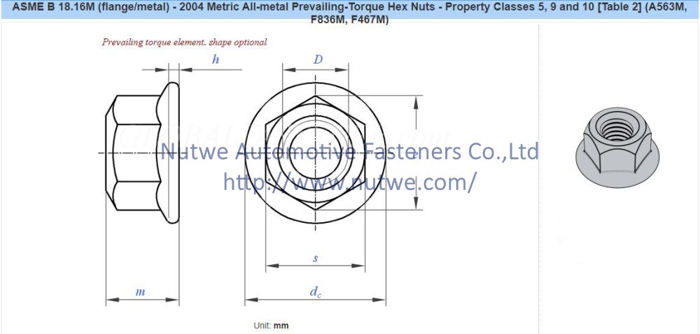 ASME B18.16M Prevailing Torque Type All-Metal Hexagon Nuts With Flange Engineer Drawing and Technical Data Sheet