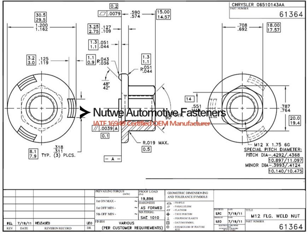 06510143AA Hexagon Flange Weld Nuts Engineer Drawing and Technical Data Sheet