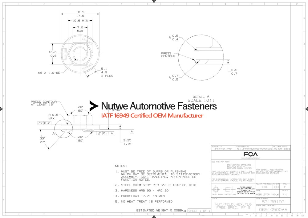 06510500AA Hexagon Flange Weld Nuts Engineer Drawing and Technical Data Sheet