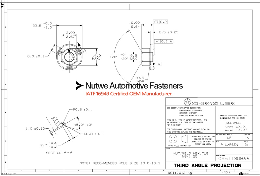 06511308AA Hexagon Flange Weld Nuts Engineer Drawing and Technical Data Sheet