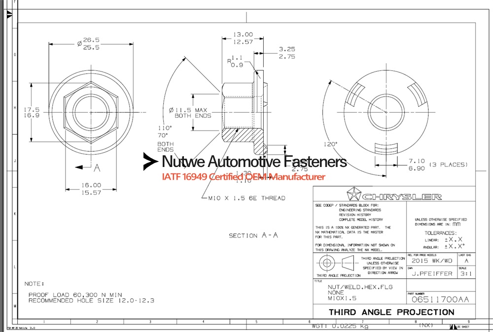 06511700AA Hexagon Flange Weld Nuts Engineer Drawing and Technical Data Sheet