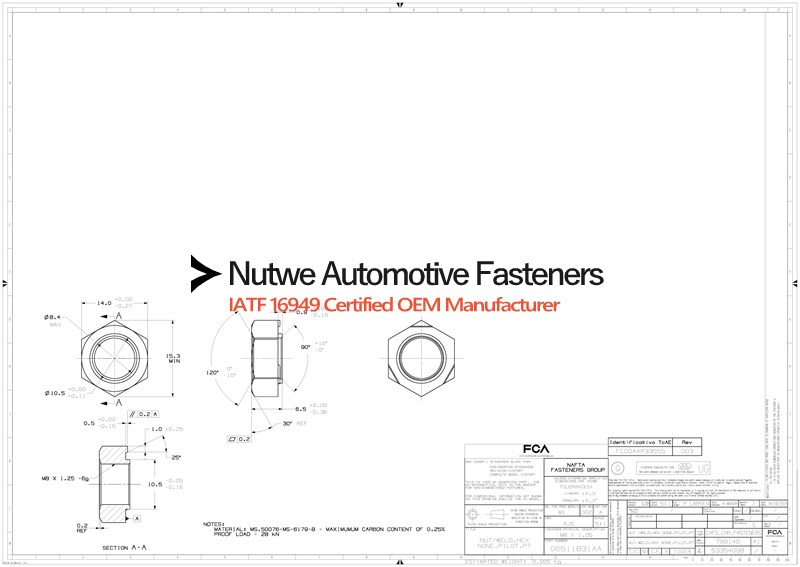 Chrysler 06511831AA  Hexagon Weld Nuts Engineer Drawing and Technical Data Sheet