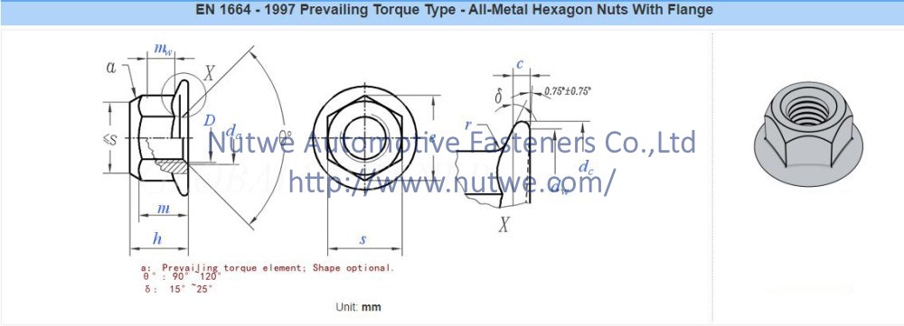 DIN EN 1664 Prevailing Torque Type All-Metal Hexagon Nuts With Flange Engineer Drawing and Technical Data Sheet