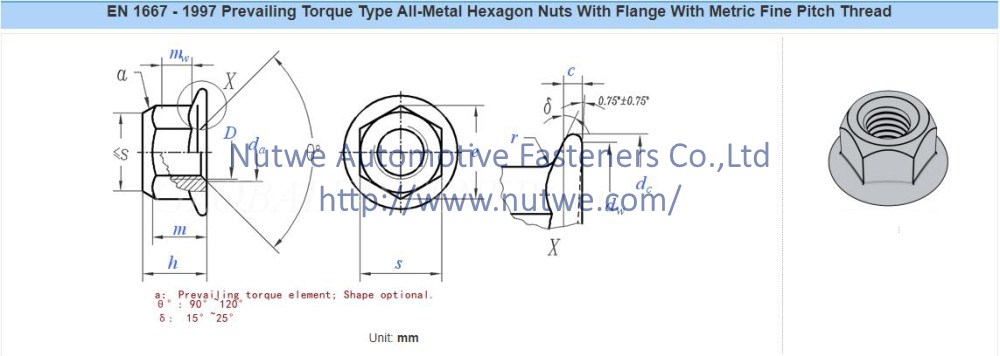 DIN EN 1667 Prevailing Torque Type All-Metal Hexagon Nuts With Flange Engineer Drawing and Technical Data Sheet