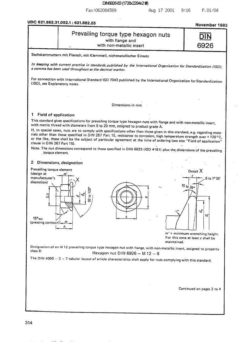 DIN6926 Nylon Insert Hexagon Flange Nut Engineer Drawing and Technical Data Sheet