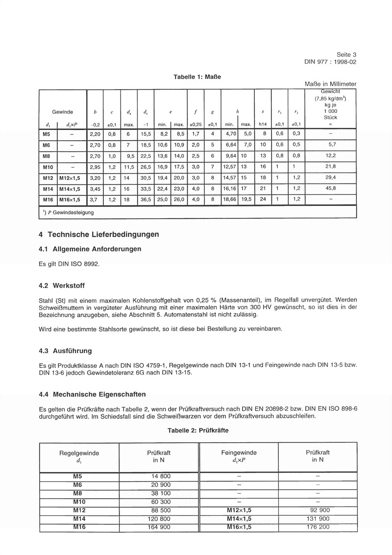 DIN 977 Weld Nuts Engineer Drawing and Technical Data Sheet