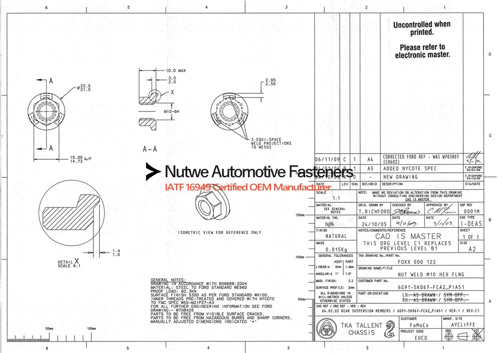 FOXX000122 Hexagon Flange Weld Nuts Engineer Drawing and Technical Data Sheet