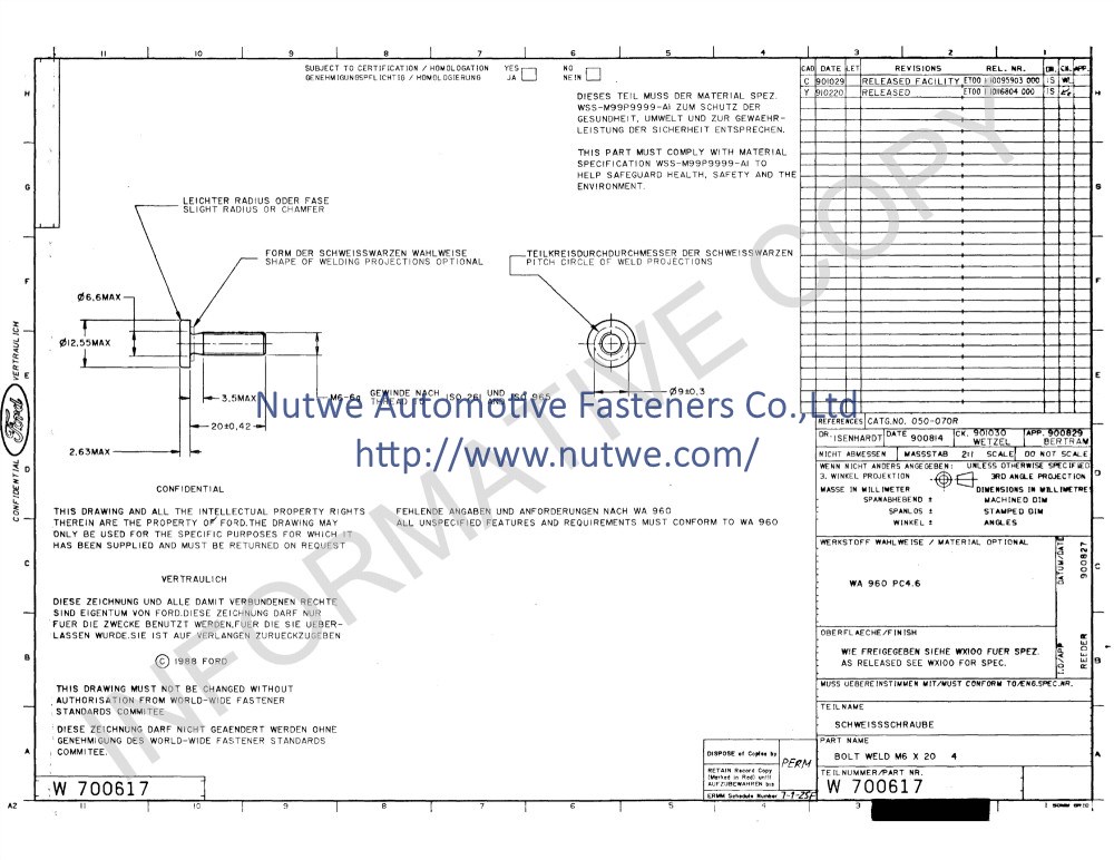 Ford W700617 焊接螺丝 图纸和技术参数