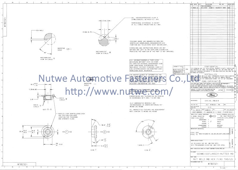 W702321 Hexagon Flange Weld Nuts Engineer Drawing and Technical Data Sheet