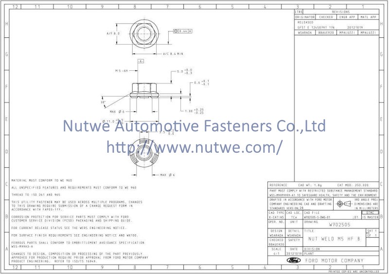 W702505 Hexagon Flange Weld Nuts Engineer Drawing and Technical Data Sheet