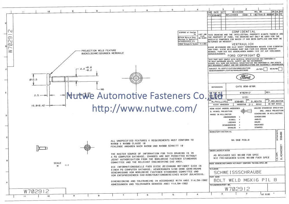 Ford W702912 焊接螺丝 图纸和技术参数