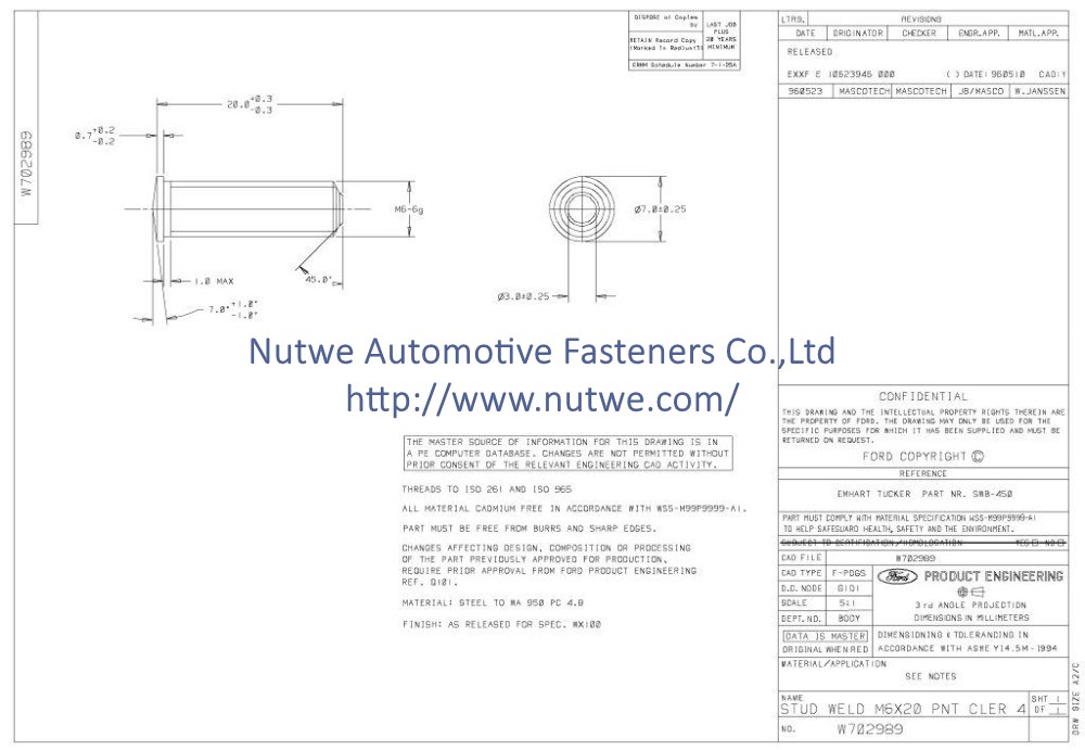 Ford W702989 Stud Weld Projection Weld Screws Engineer Drawing and Technical Data Sheet