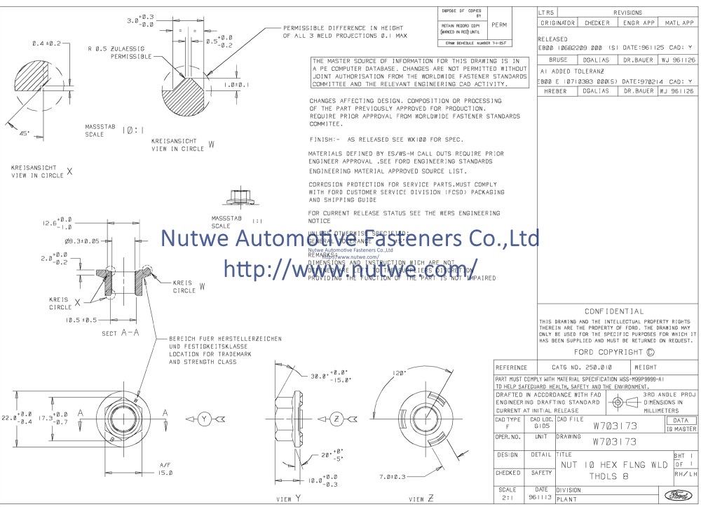 W703173 Hexagon Flange Weld Nuts Engineer Drawing and Technical Data Sheet