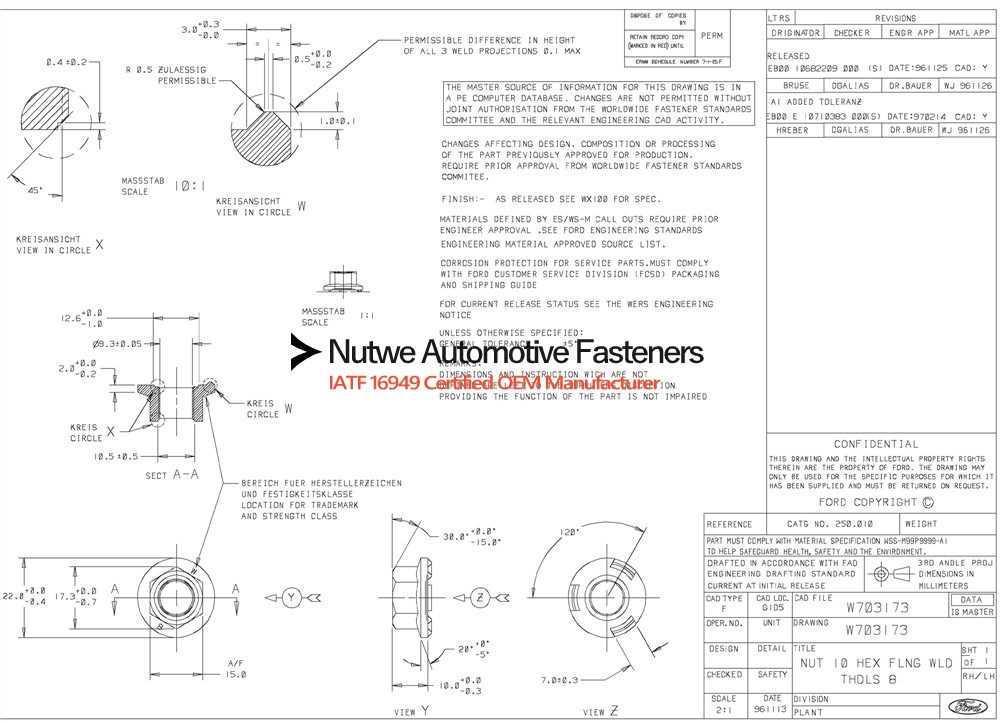 W703173 Hexagon Flange Weld Nuts Engineer Drawing and Technical Data Sheet