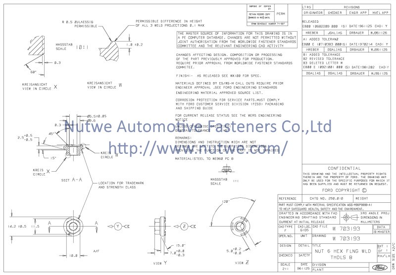 W703193 Hexagon Flange Weld Nuts Engineer Drawing and Technical Data Sheet