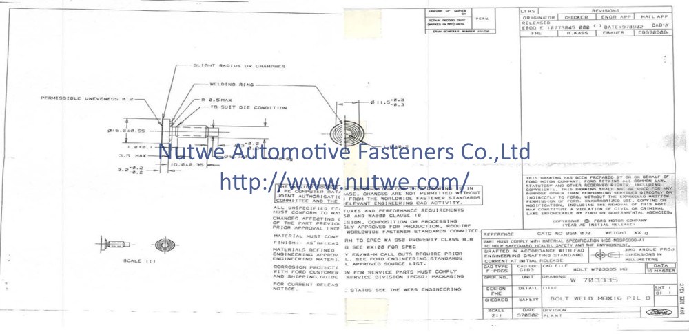 Ford W703335 焊接螺丝 图纸和技术参数