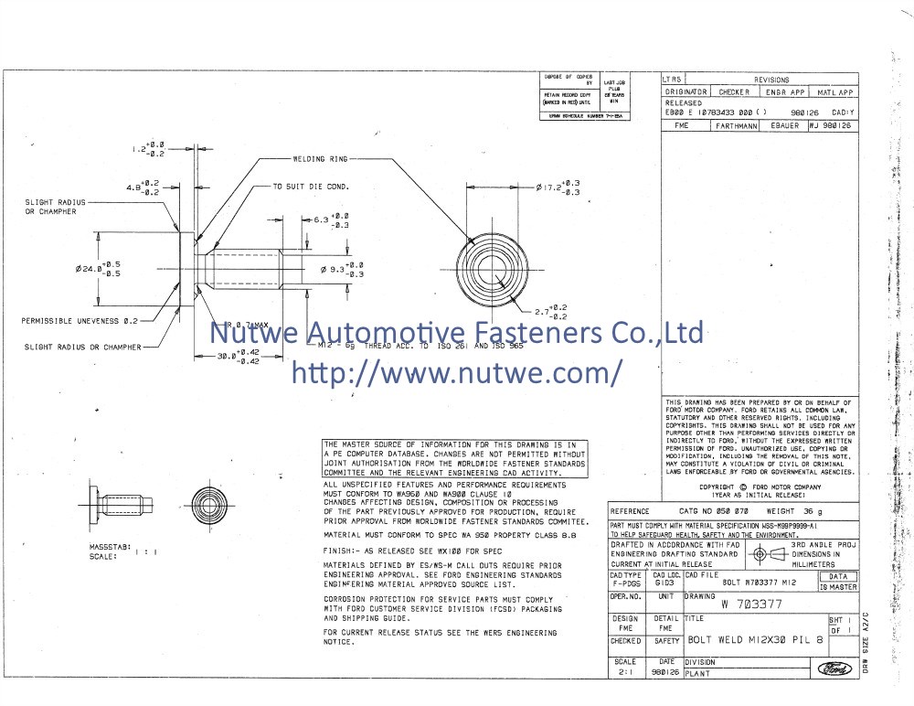 Ford W703377 焊接螺丝 图纸和技术参数