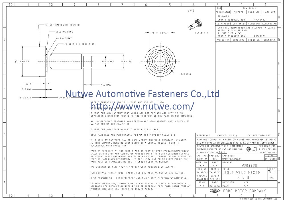 Ford W703778 焊接螺丝 图纸和技术参数