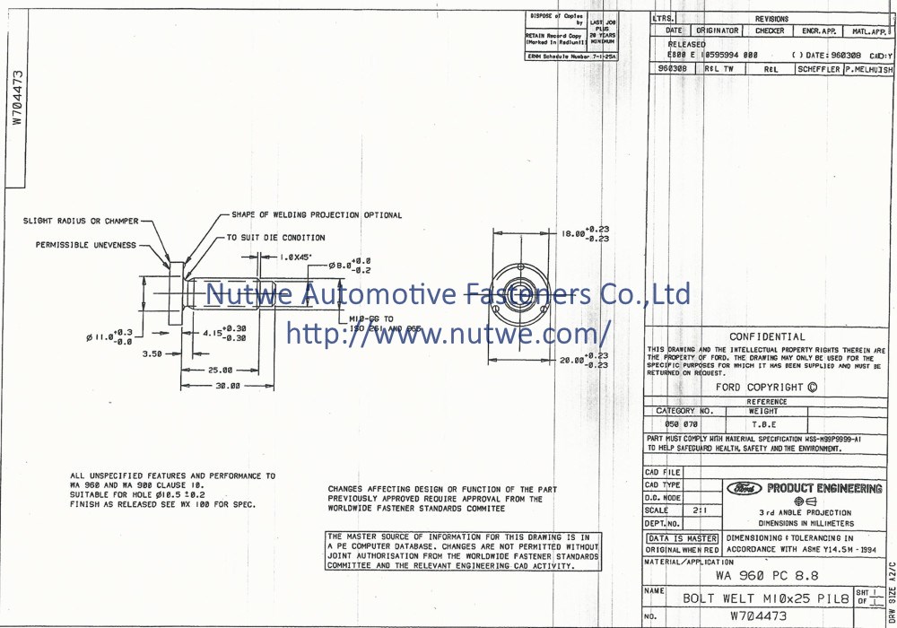 Ford W704473 Projection Weld Screws Engineer Drawing and Technical Data Sheet