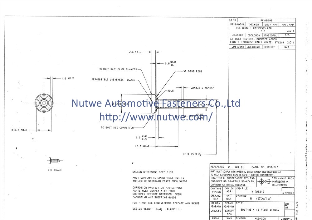 Ford W705212 焊接螺丝 图纸和技术参数