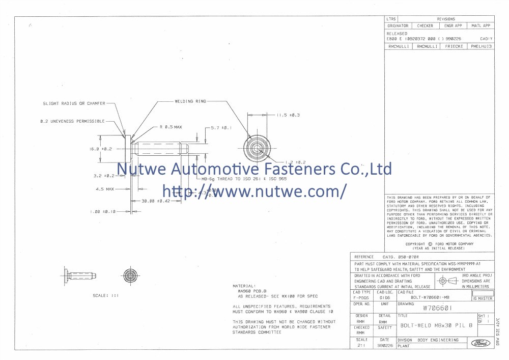 Ford W706601 焊接螺丝 图纸和技术参数