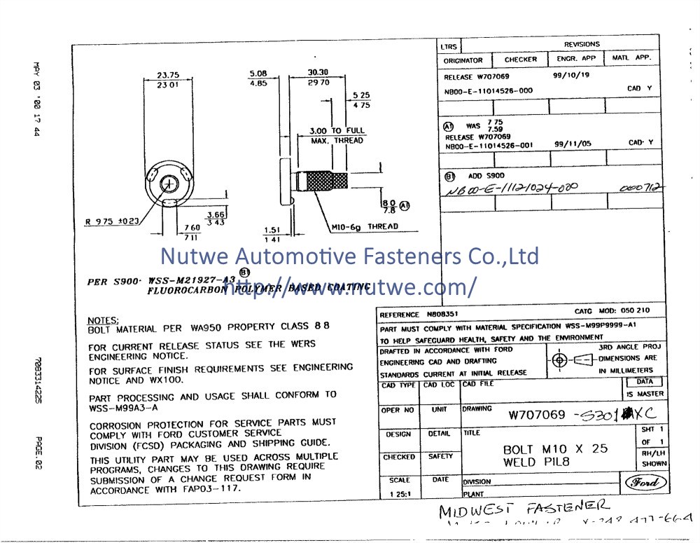 Ford W707069 Projection Weld Screws Engineer Drawing and Technical Data Sheet