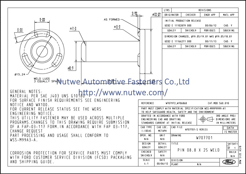 Ford W707701 Projection Weld Pins Engineer Drawing and Technical Data Sheet