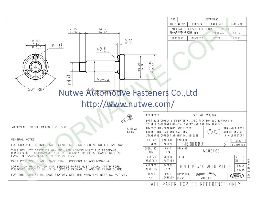 Ford W708406 Projection Weld Screws Engineer Drawing and Technical Data Sheet