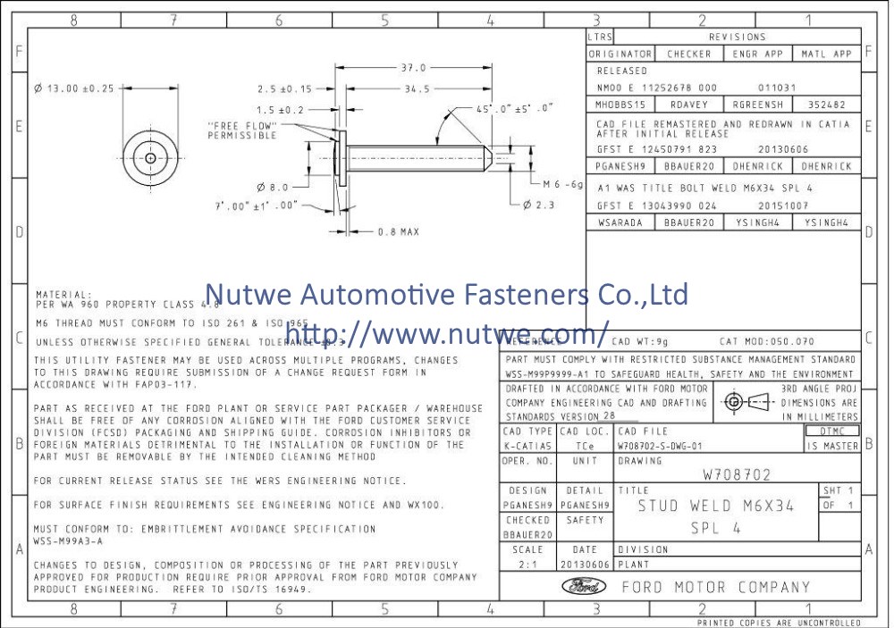 Ford W708702 焊接螺丝 图纸和技术参数