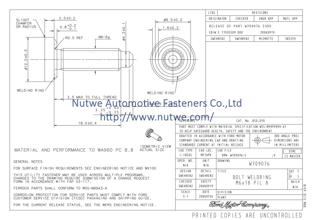 Ford W709076 Projection Weld Screws Engineer Drawing and Technical Data Sheet