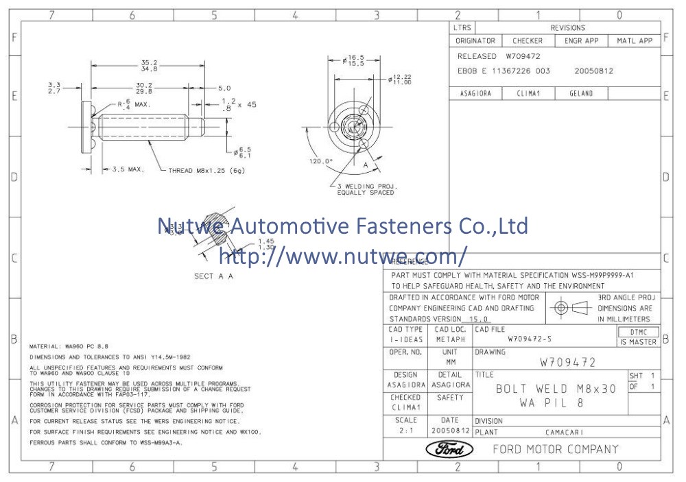 Ford W709472 Projection Weld Screws Engineer Drawing and Technical Data Sheet