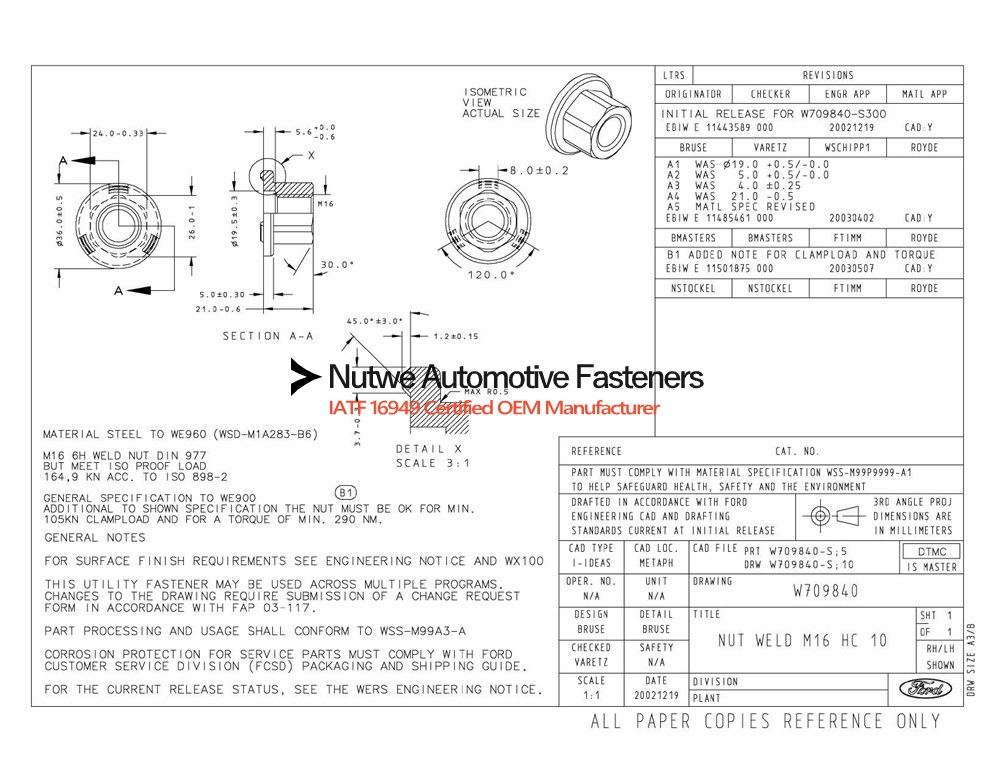 W709840 Hexagon Flange Weld Nuts Engineer Drawing and Technical Data Sheet