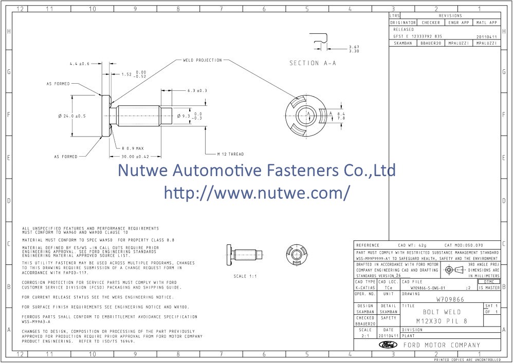 Ford W709866 焊接螺丝 图纸和技术参数