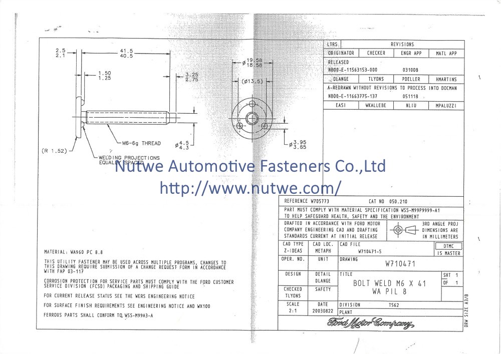 Ford W710471 Projection Weld Screws Engineer Drawing and Technical Data Sheet