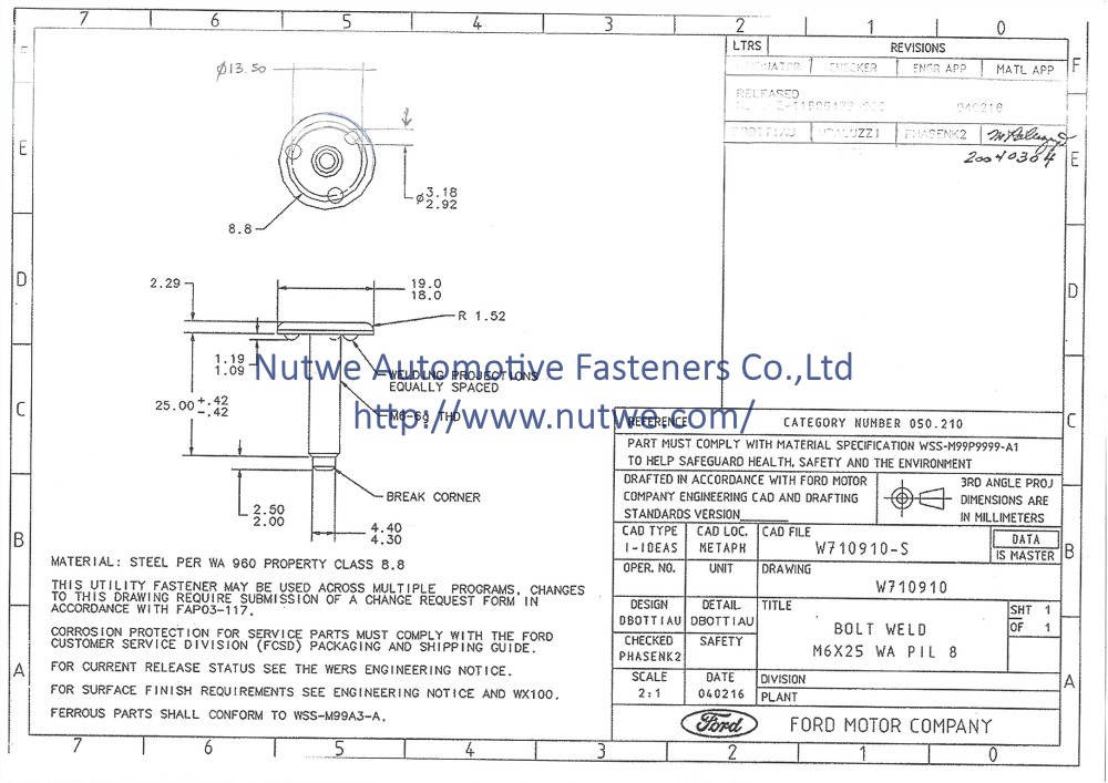 Ford W710910 Projection Weld Screws Engineer Drawing and Technical Data Sheet