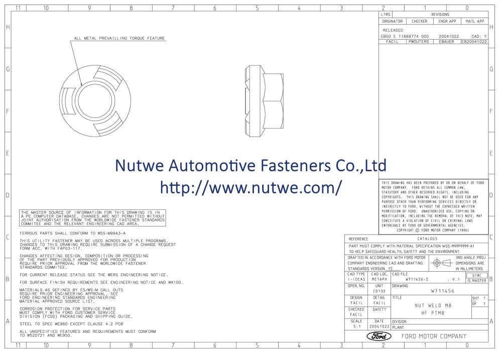 W711456 Hexagon Flange Weld Nuts Engineer Drawing and Technical Data Sheet