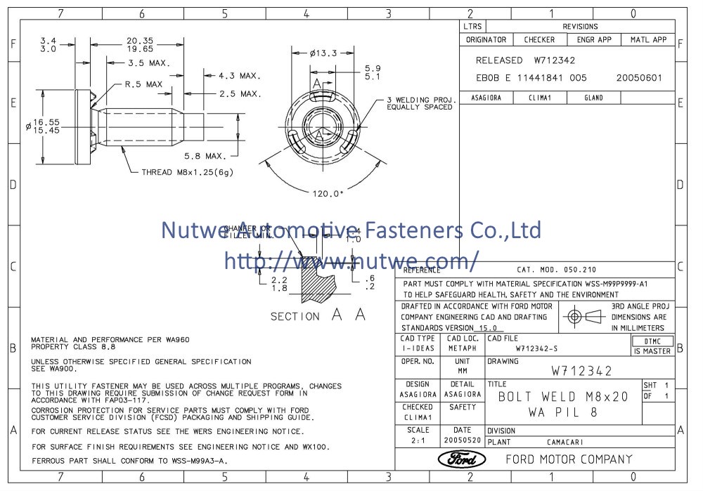 Ford W712342 Projection Weld Screws Engineer Drawing and Technical Data Sheet