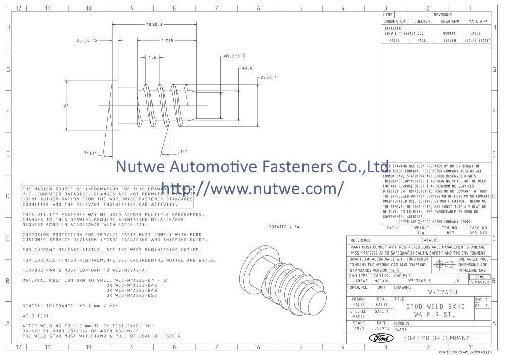 Ford W712463 焊接螺丝 图纸和技术参数