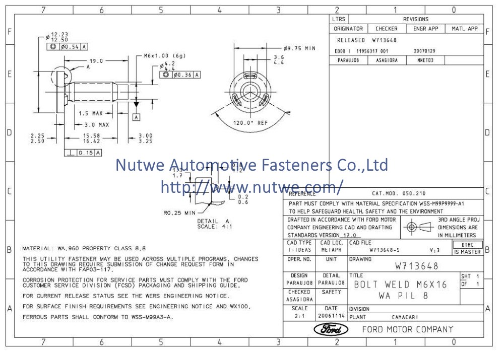 Ford W713648 Projection Weld Screws Engineer Drawing and Technical Data Sheet