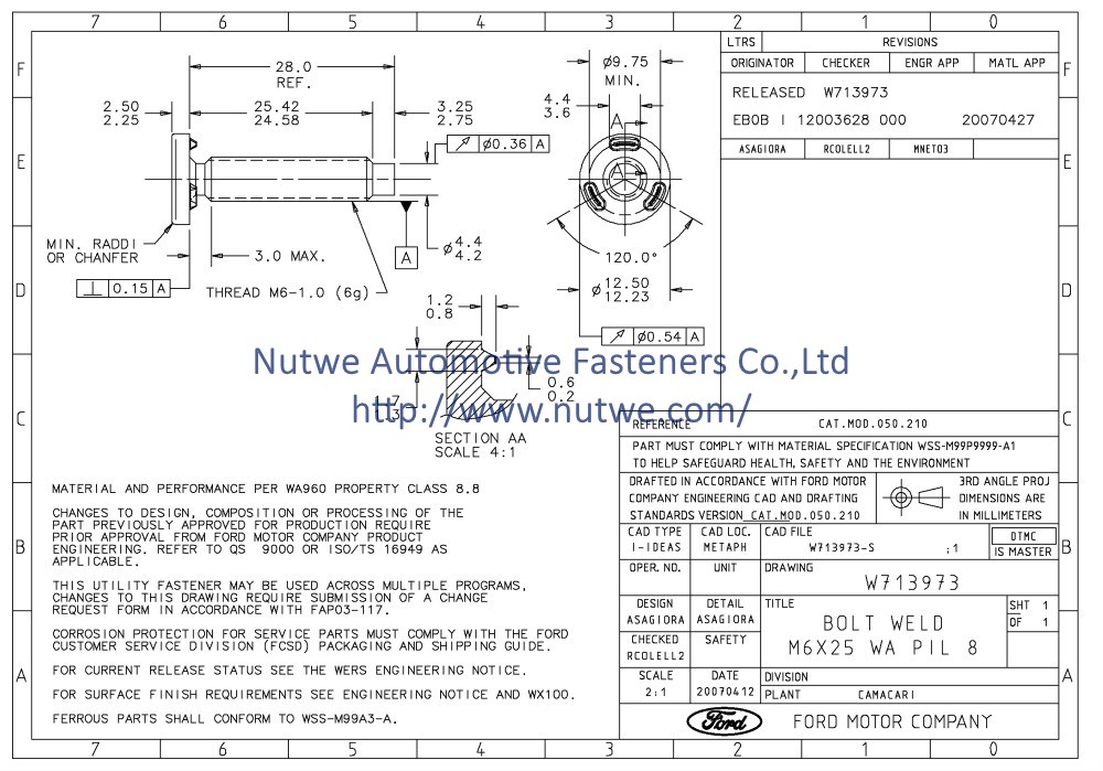 Ford W713973 焊接螺丝 图纸和技术参数