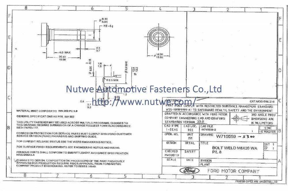 Ford W715559 Projection Weld Screws Engineer Drawing and Technical Data Sheet