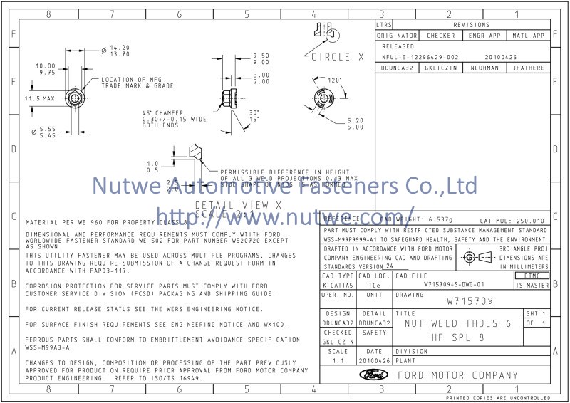 W715709 Hexagon Flange Weld Nuts Engineer Drawing and Technical Data Sheet