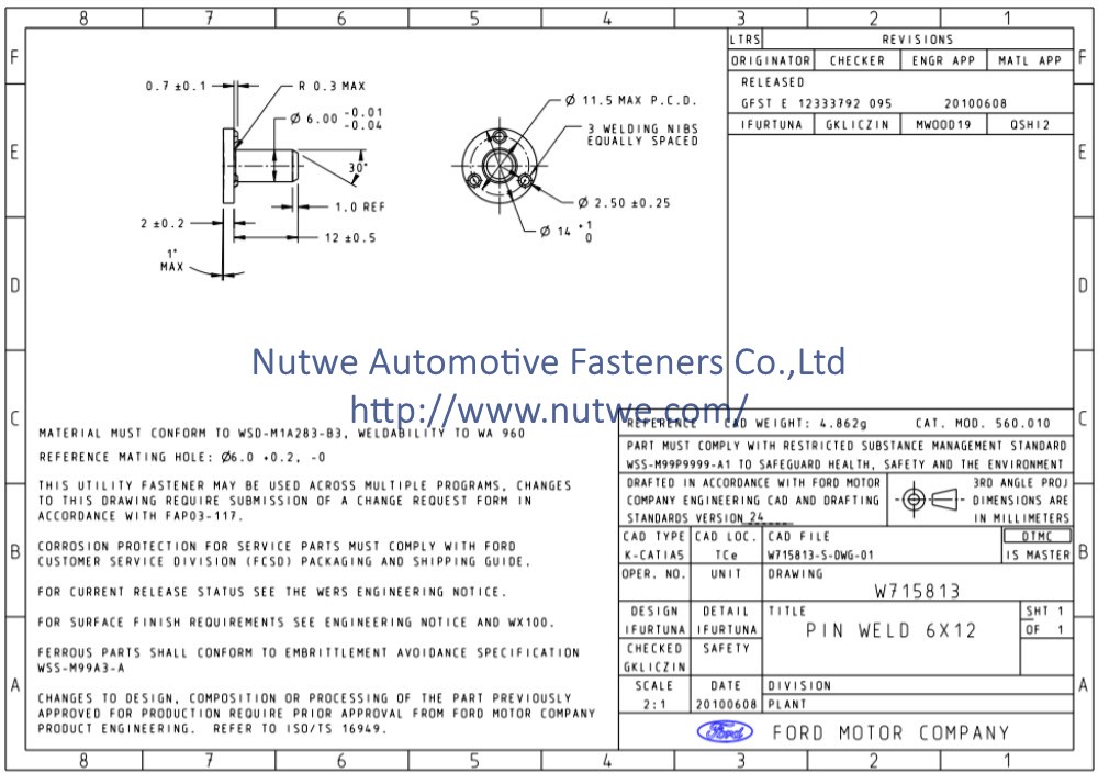 Ford W715813 焊接销 图纸和技术参数