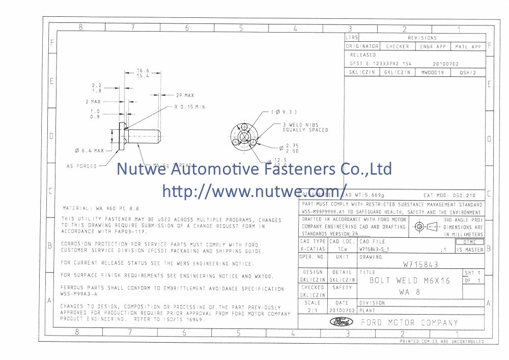 Ford W715843 Projection Weld Screws Engineer Drawing and Technical Data Sheet