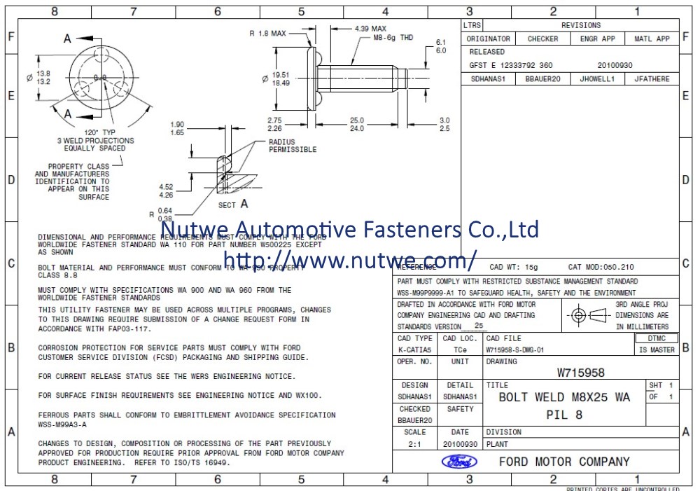 Ford W715958 焊接螺丝 图纸和技术参数