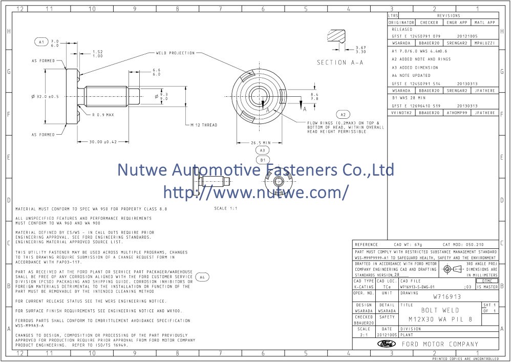 Ford W716913 焊接螺丝 图纸和技术参数