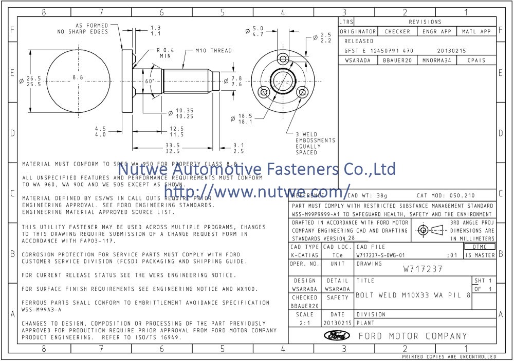 Ford W717237 Projection Weld Screws Engineer Drawing and Technical Data Sheet