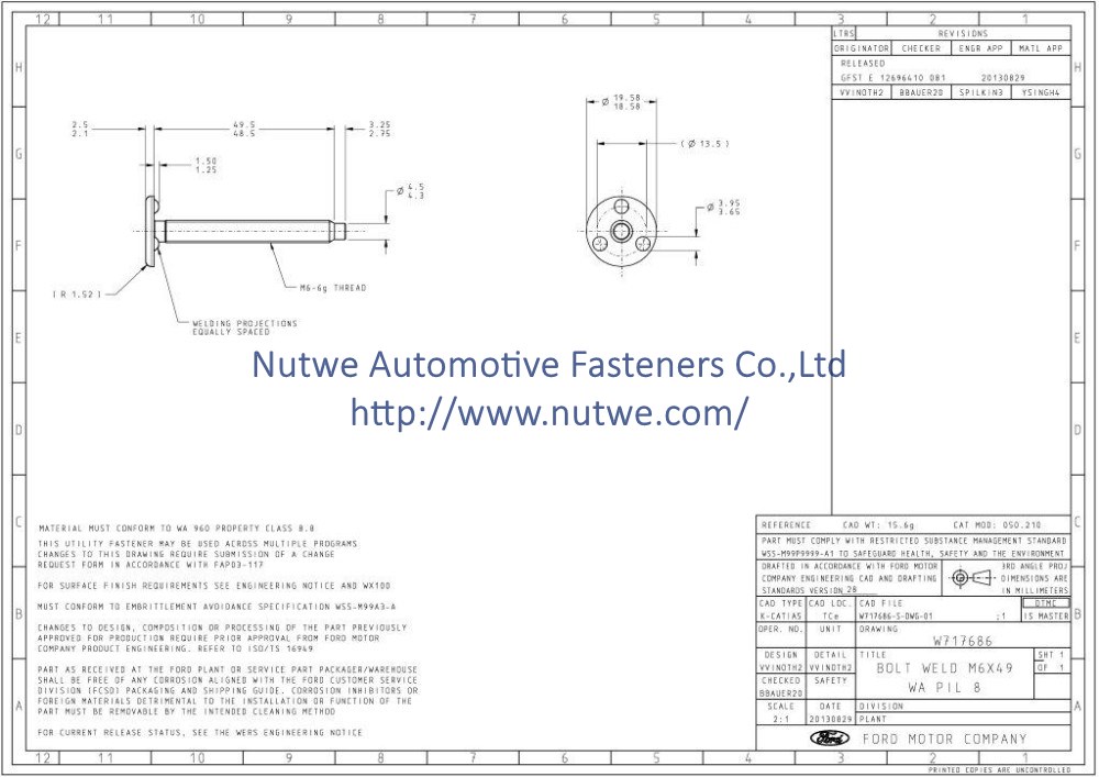 Ford W717686 Projection Weld Screws Engineer Drawing and Technical Data Sheet