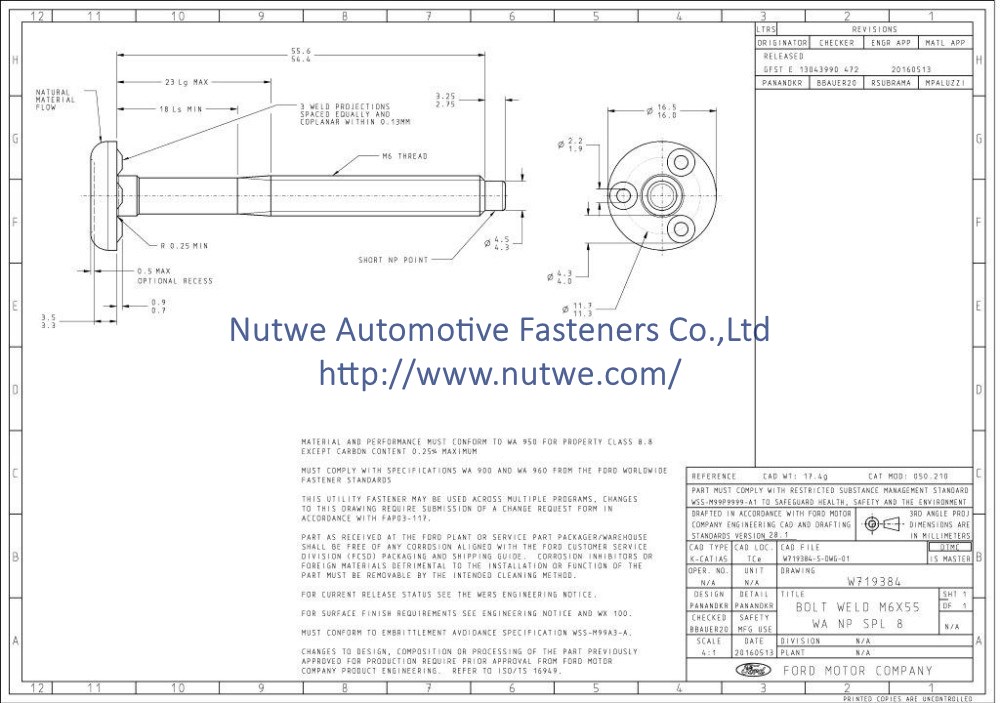 Ford W719384 Projection Weld Screws Engineer Drawing and Technical Data Sheet